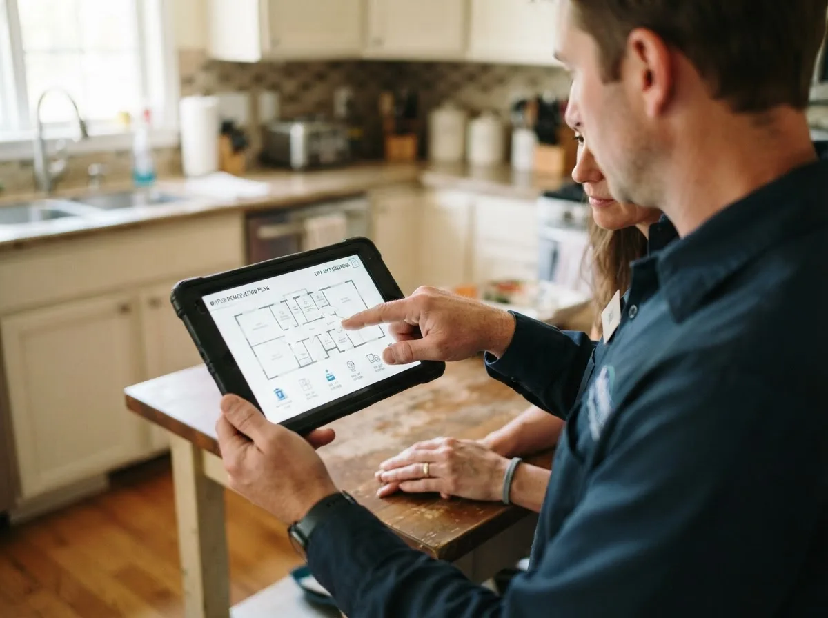 Water damage restoration technician inspecting a home in Highland Village, TX